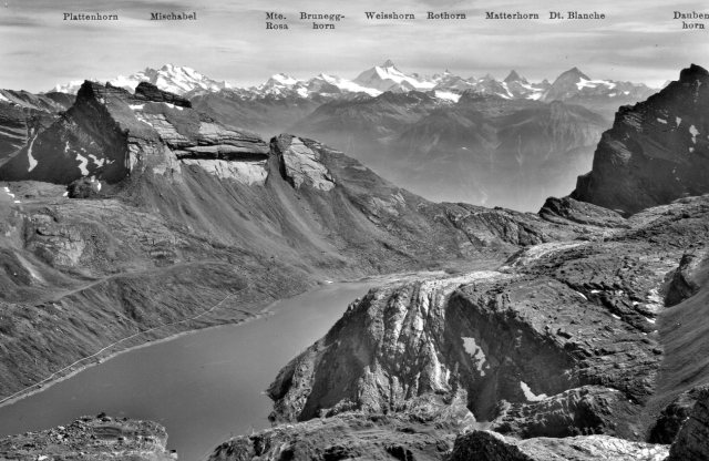 Daubensee, and the peaks of the Pennine Alps to the south (postcard)