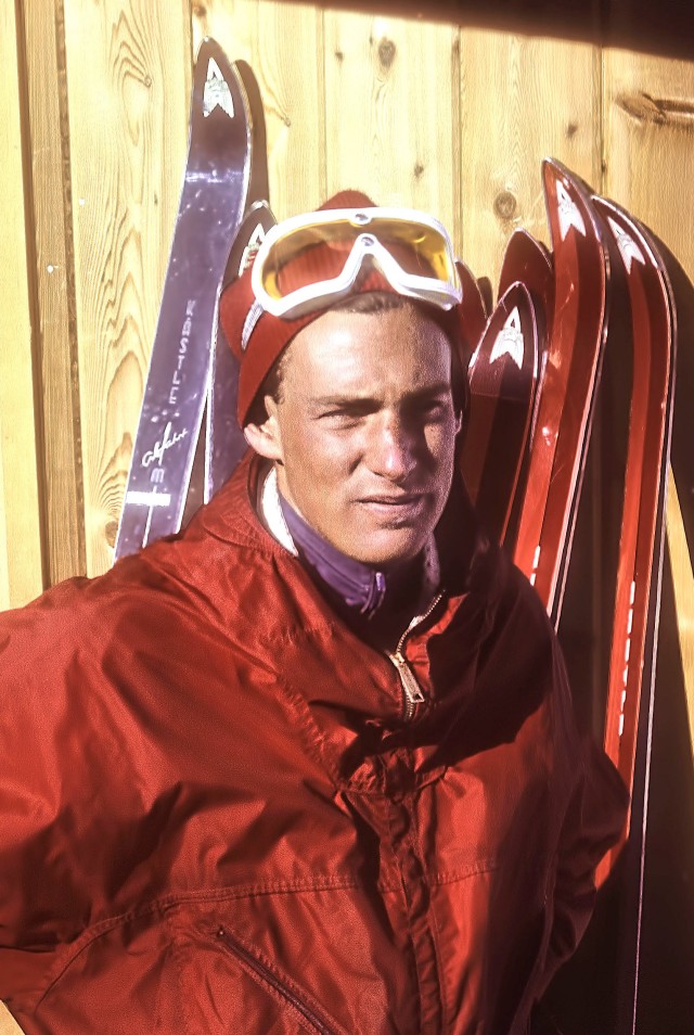 Me, at John's shack, 1965. John's racing skis lean against the wall. He was a great skier.
